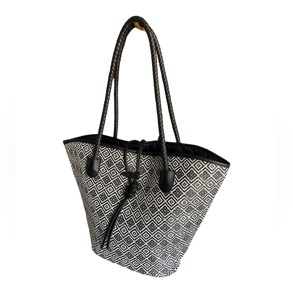 Neiman Marcus Black and White Large Woven Geometric Tote Bag Braided Handles